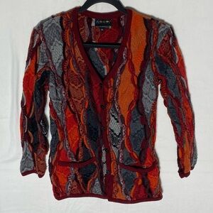 Vintage 80s COOGI Australia Red Orange Grey Textured Knit Button Up Cardigan XS